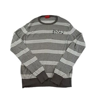 Isaia Napoli Mens Gray White Striped Cotton Musical Notes Sweater Small Italy